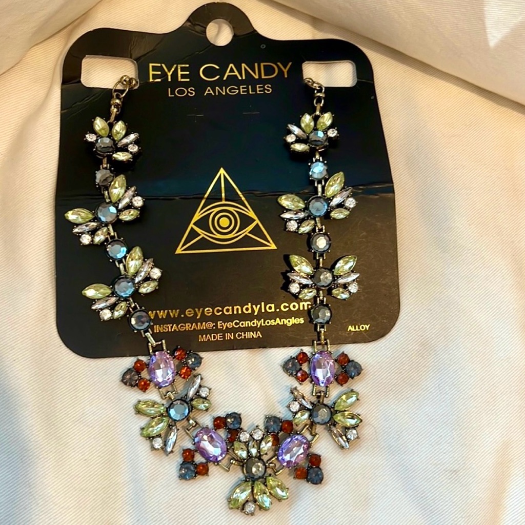 Nwt Eye Candy Rhinestone Bronze Brass Green Purple Blue Red Gem Necklace 32$